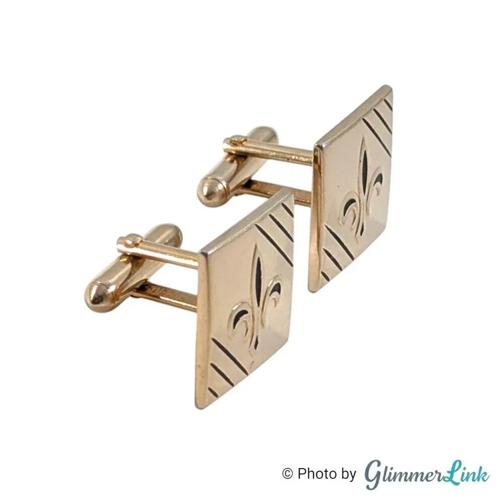 Vintage Swank Square Fleur de Lis Diagonal Stripes Gold Tone Cufflinks
